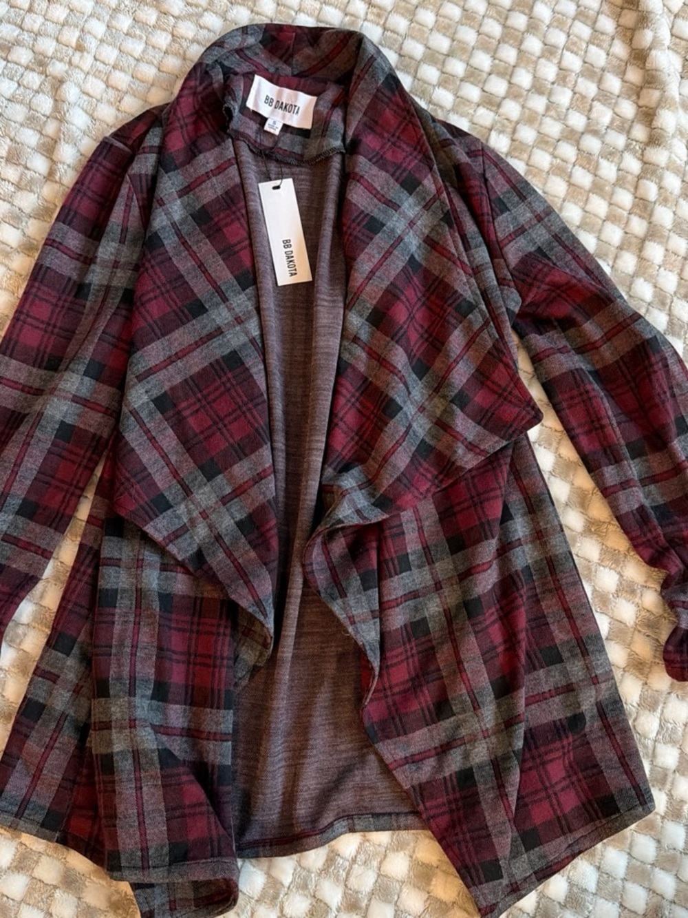 BB Dakota Burgundy and Gray Plaid Draped Open-Front Cardigan